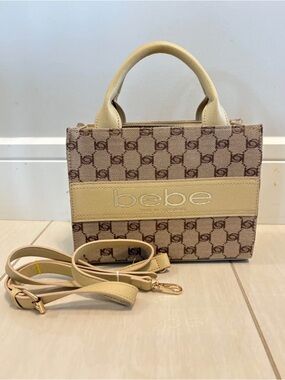bebe Cream and Brown Mini Logo Tote with Strap